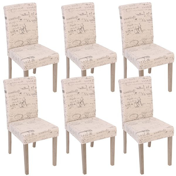 Mendler 6er-Set Esszimmerstuhl Littau, Stuhl Küchenstuhl, Textil mit Schriftzug, creme, Beine Struktur - Eiche, 48069+48064