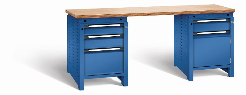 Otto Kind Werkbank Serie function Typ 303, Multiplexplatte 40 mm, bündig, 2x Unterbau + mittleres Feld, komplett RAL 5010, 072358113