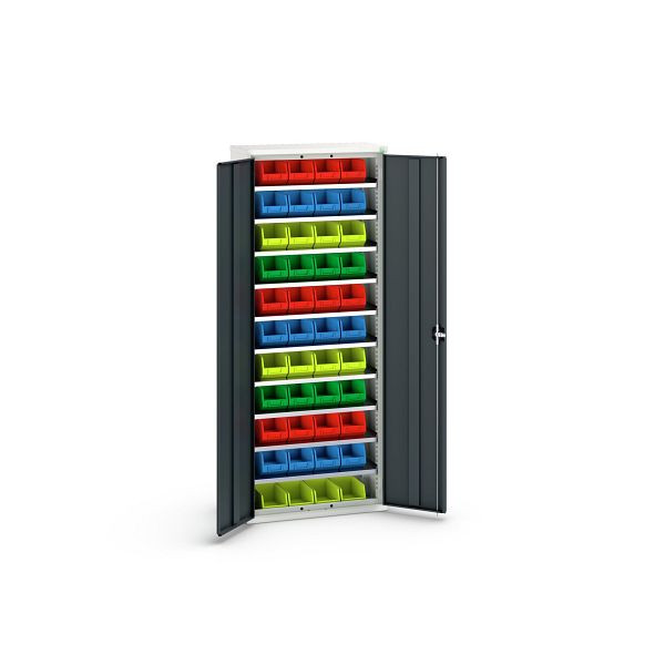 bott verso Magazinschrank, mit 10 Fachböden und 44 Sichtlagerkästen, BxTxH: 800 x 350 x 2000 mm, Lichtgrau / Anthrazitgrau, 16926401.19