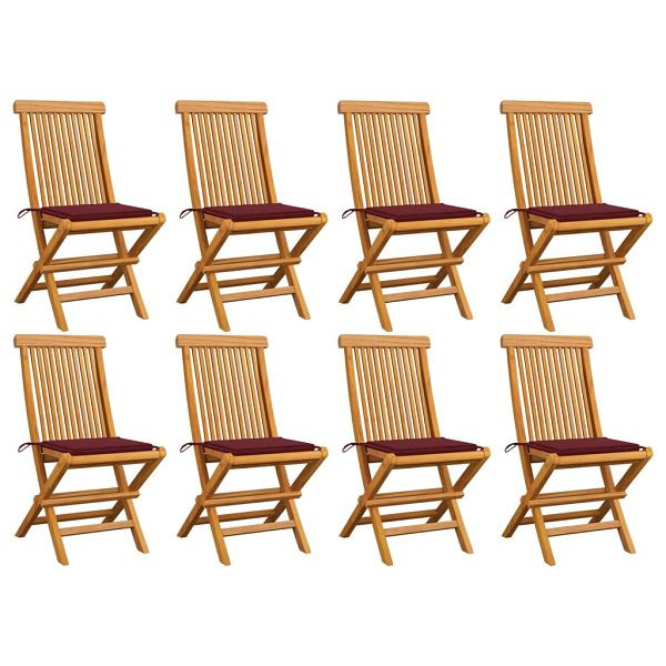 vidaXL Gartenstühle mit Weinroten Kissen 8 Stück Massivholz Teak, 3072926