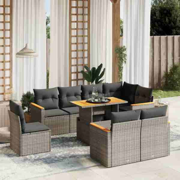 vidaXL 9-tlg. Garten-Sofagarnitur mit Kissen Grau Poly Rattan, UV-beständig, 3273174