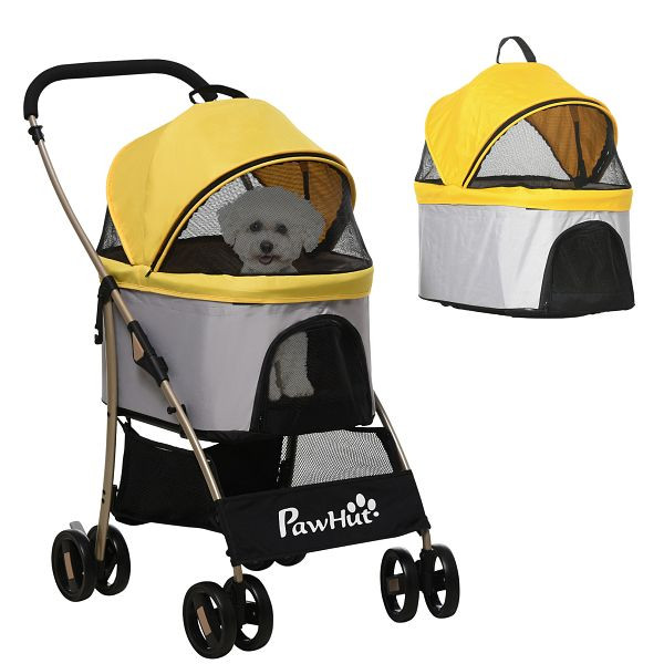 PawHut 2-in-1 Hundebuggy Hundetrolley bis 10 kg klappbar Tragtasche Bodenkorb 82 cm x 49,5 cm x 98 cm Gelb, D00-166V01YL