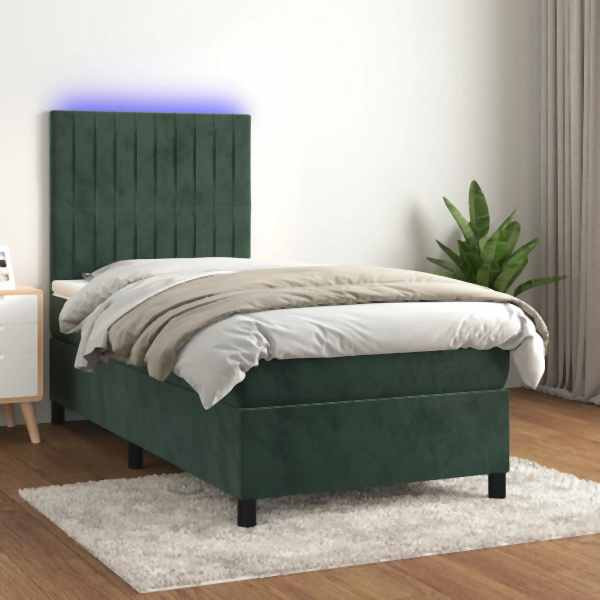 vidaXL Boxspringbett mit Matratze & LED Dunkelgrün 90x190 cm Samt, 3136218