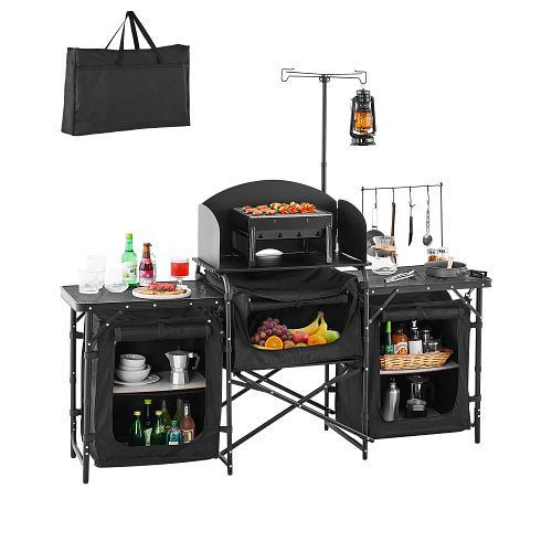 VEVOR Camping Küchentisch, tragbare Kochstation aus Aluminium, 3 Lagerschränke, Tragetasche, Windschutz, für Outdoor BBQ, schwarz, DFBCWJKHSTWLLUMGGV0