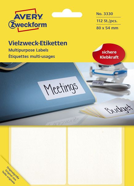 AVERY Zweckform 3330 Universal-Etiketten, 80 x 54 mm, weiß, 112 Etiketten/28 Blatt, permanent, 3330