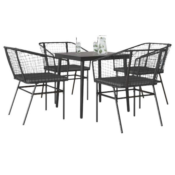 vidaXL 5-teilig Garten-Essgruppe mit Kissen Schwarz Poly Rattan Glas, 3334500