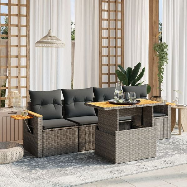 vidaXL 5-teilig Garten-Sofagarnitur mit Kissen Grau Poly Rattan, 3273398
