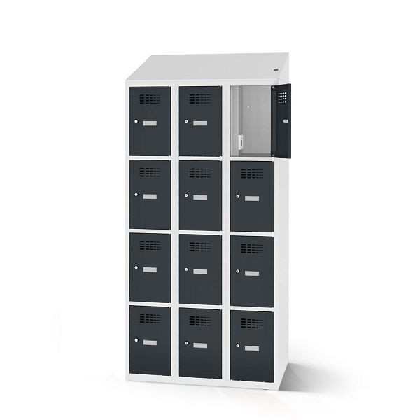 Rotstahl Fächerschrank, 12 Fächer, Stollenfüße, mit Ladefunktion, Schrägdach, Korpus: lichtgrau, Türen: anthrazitgrau, 2180-030400-0902112-7035-7016