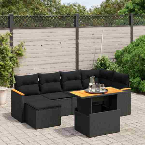 vidaXL 7-tlg. Garten-Sofagarnitur mit Kissen Schwarz Poly Rattan, UV-beständig, 3273176