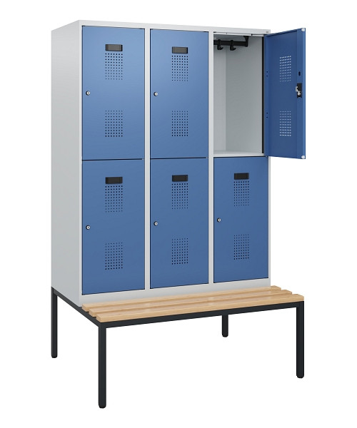 C+P Doppelstöckiger Spind Evolo PLUS, Bank, 6 Fächer, 1950x1200x815mm, 7035/5023, Zylinderschloss, Sitzfläche Buche-Hartholz, Sitzbank, 0493505-32 S10033