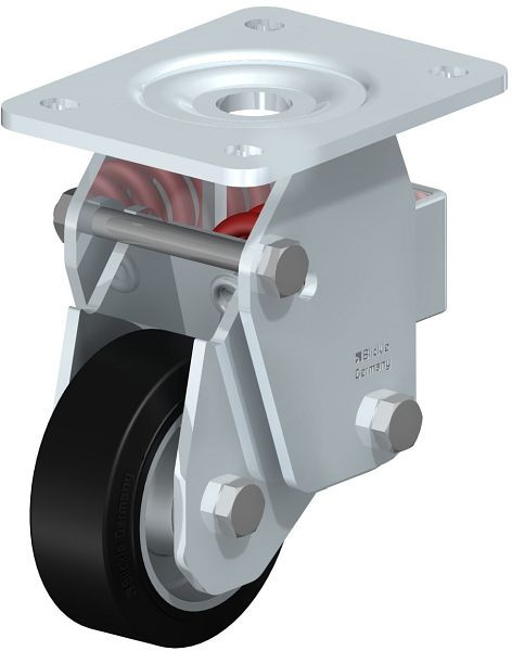 Blickle BHF-ALEV 100K-3 Stahlblech-Bockrolle, Schwerlast-Ausführung, mit Stahlfeder, Elastik-Vollgummi, Schwarz, 605709
