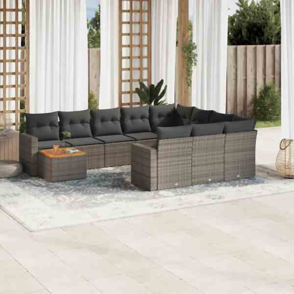 vidaXL 11-tlg. Garten-Sofagarnitur mit Kissen Grau Poly Rattan, UV-beständig, 3224310