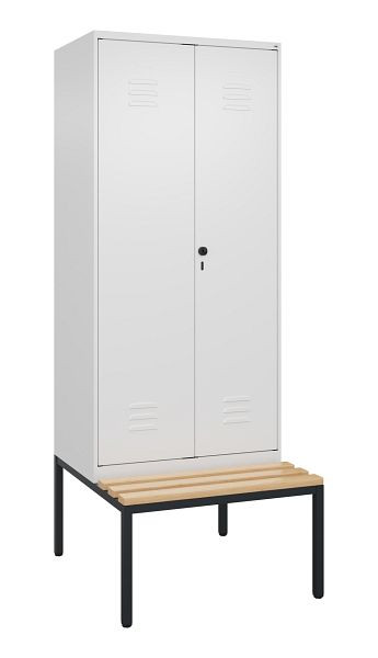 C+P Umkleidespind Classic PLUS SW, 2 Abteile, 2120x800x815mm, 9016/9016, Drehriegel, mit untergebauter Sitzbank, Buche-Sitzleisten, 0800527-22 S10014