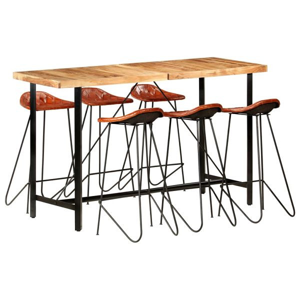 vidaXL 7-teilig Bar-Set Akazie Massivholz und Echtleder, 278767, 8719883756493