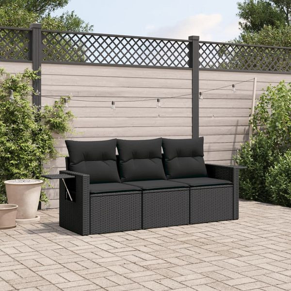 vidaXL 3-teilig Garten-Sofagarnitur mit Kissen Schwarz Poly Rattan, 3252192