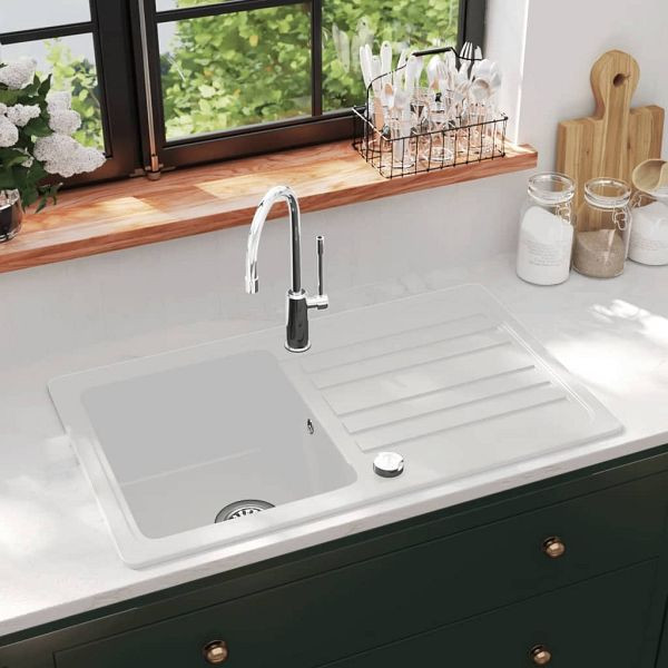 vidaXL Granitspüle mit Abtropffläche Reversibel Cremeweiß, 141671