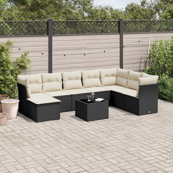 vidaXL 9-teilig Garten-Sofagarnitur mit Kissen Schwarz Poly Rattan, 3249895
