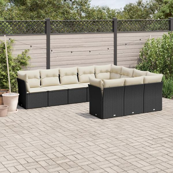 vidaXL 10-tlg. Garten-Sofagarnitur mit Kissen Schwarz Poly Rattan, 3250055