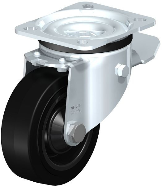 Blickle LK-POEV 100KD-1-ST Stahlblech-Lenkrolle, schwere Ausführung, mit Anschraubplatte & Feststeller, Elastik-Vollgummi, Schwarz, 850958