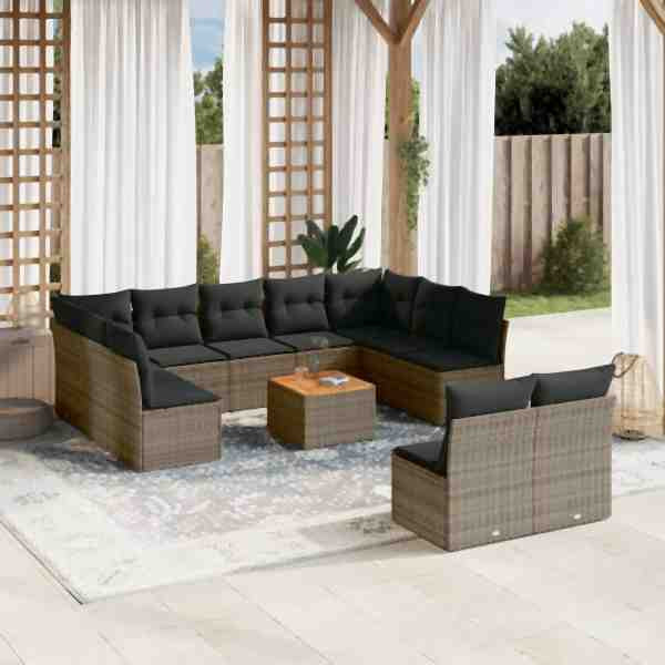 vidaXL 12-tlg. Garten-Sofagarnitur mit Kissen Grau Poly Rattan, UV-beständig, 3223890