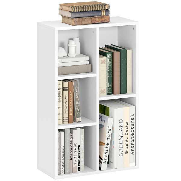 HOMCOM 2-Ebenen-Bücherregal, 5 Fächer, Spanplatte, Aufbewahrungsregal, Weiß, 836-597V90WT