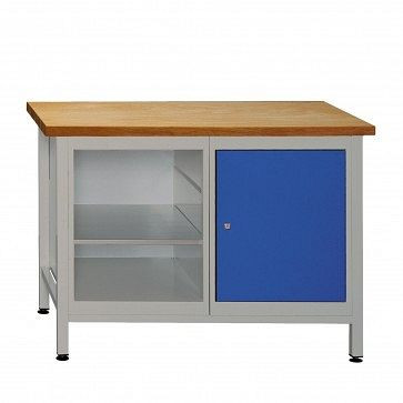 ADB Werkbank Tür + Regalteil -1, Maße: 1200x600x840mm (BxTxH), Farbe Werktisch: grau, RAL 7035, Farbe Tür: Lichtblau (RAL 5012), 41925