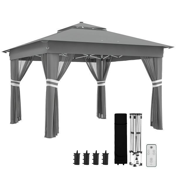 Outsunny Gartenzelt mit solarbetriebenen LED´s Gartenzelt mit Beleuchtung, 336 cm x 336 cmx 270 cm, Grau, 84C-483V00WT