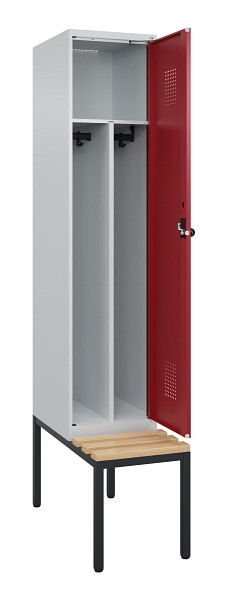C+P Spind Evolo PLUS, 1 Abteile, 2120x400x815mm, 7035/3003, Haken 4, Drehriegel, Sitzfläche Buche-Hartholz, Sitzbank, Trennwand, 0490507-12F S10004