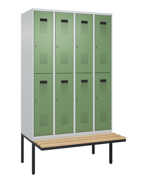 C+P Doppelstock-Spind Evolo PLUS, Bank, 8 Fächer, 2120x1200x815mm, 7035/6011, Zylinderschloss, Sitzfläche Buche-Hartholz, 0493407-40 S10037