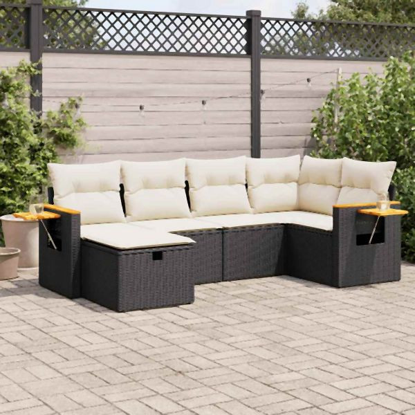 vidaXL 6-tlg. Garten-Sofagarnitur mit Kissen Schwarz Poly Rattan, 3325969