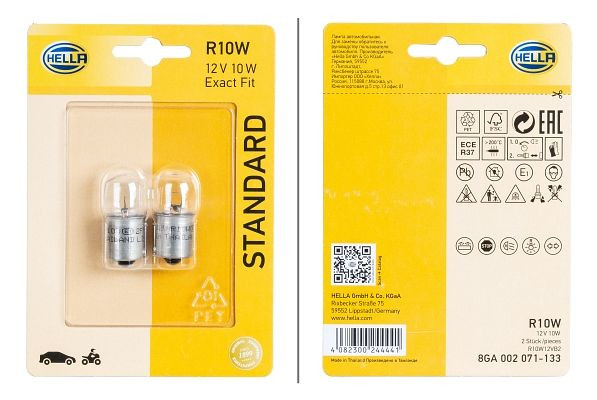 HELLA Halogen-Glühlampe, R10W, Standard, 12V, 10W, Sockelausführung Glühlampe: BA15s, Blister, VE: 2 Stück, 8GA 002 071-133