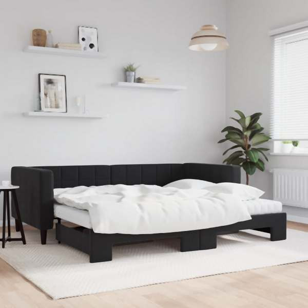 vidaXL Tagesbett Ausziehbar mit Matratzen Schwarz 90x200 cm Samt, 3196719