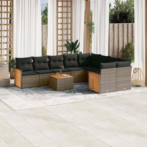 vidaXL 10-teilig Garten-Sofagarnitur mit Kissen Grau Poly Rattan, 3260394