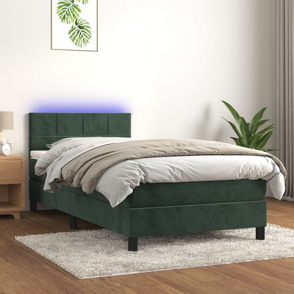 vidaXL Boxspringbett mit Matratze & LED Dunkelgrün 90x200 cm Samt, 3134384