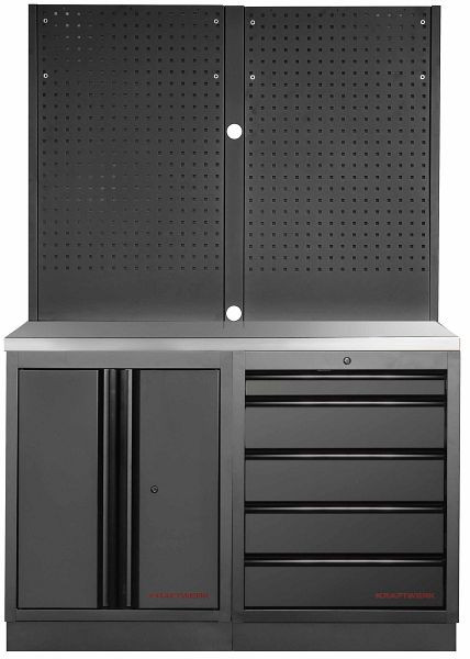 Kraftwerk MOBILIO BLACK EDITION 2er Unterschrank-Kombi, 5 Schubladen, 1 Schrank, Vierkant-Lochwand, Arbeitsplatte Edelstahl, 3964K-BLK-019-IX