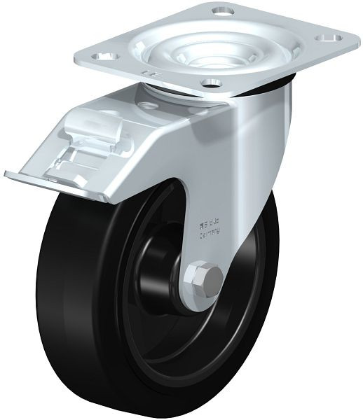 Blickle LE-POEV 125XR-FI Stahlblech-Lenkrolle mit Anschraubplatte & Feststeller, Elastik-Vollgummi, Schwarz, 850119