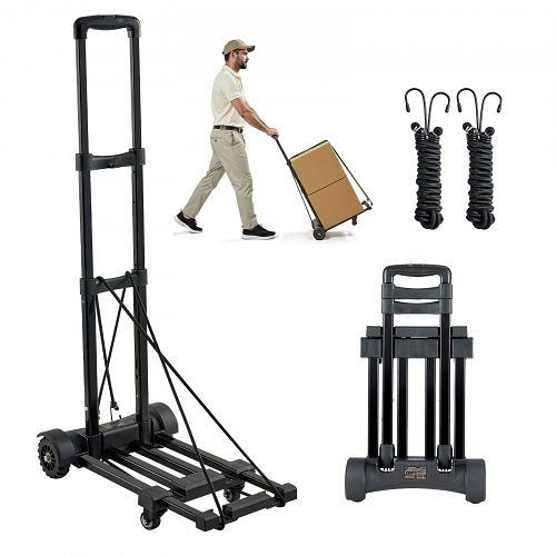VEVOR klappbare Sackkarre, 131,5kg Tragkraft, 4 Räder, 2 elastische Seile, erweiterbare Basis, Schwarz, 530x320x970mm, BXSTHC4G290I155AS001V0