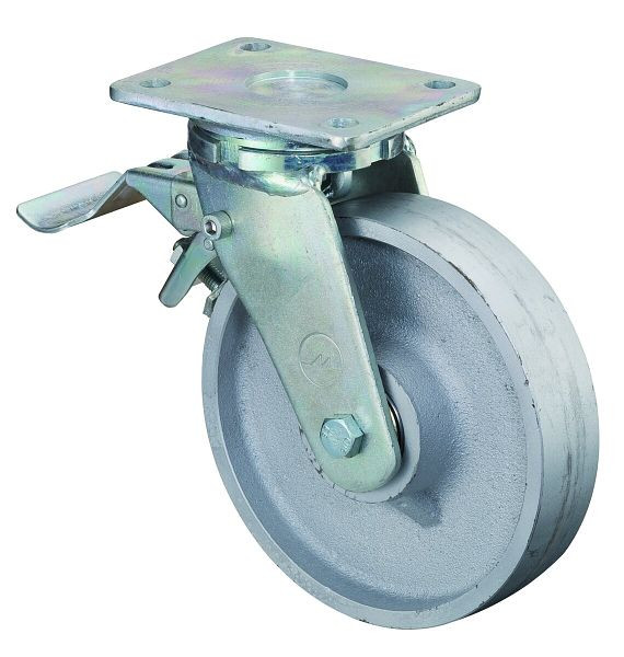 BS Rollen Schwerlastrolle mit Feststeller, Rad-Breite 38 mm, Rad-Ø 100 mm, Tragfähigkeit 300 kg, Lauffläche Guss, Radkörper Guss, Kugellager, RR120.C81.100