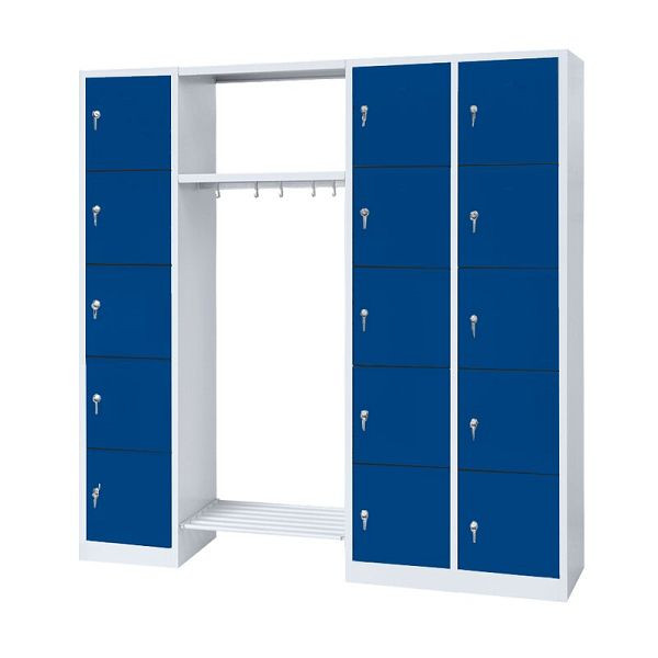 Lüllmann Garderobe, 1 Abteil links, 2 Abteile rechts, je 5 Fächer, 1800 x 1915 x 500 mm, lichtgrau/enzianblau, 525541