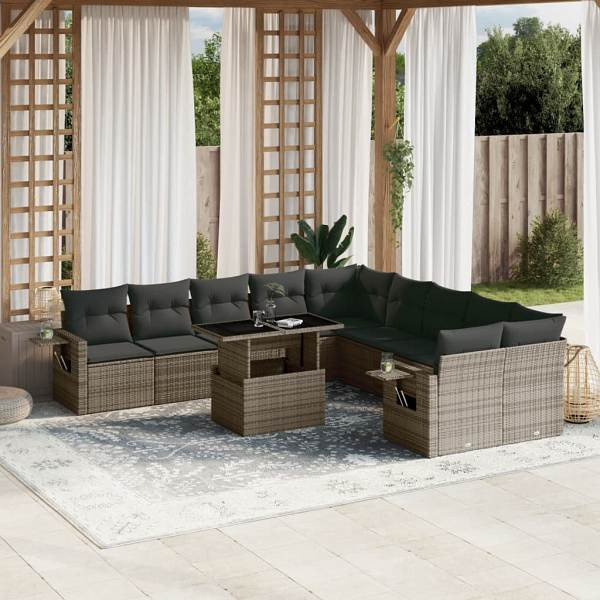 vidaXL 11-tlg. Garten-Sofagarnitur mit Kissen Grau Poly Rattan, UV-beständig, 3268170
