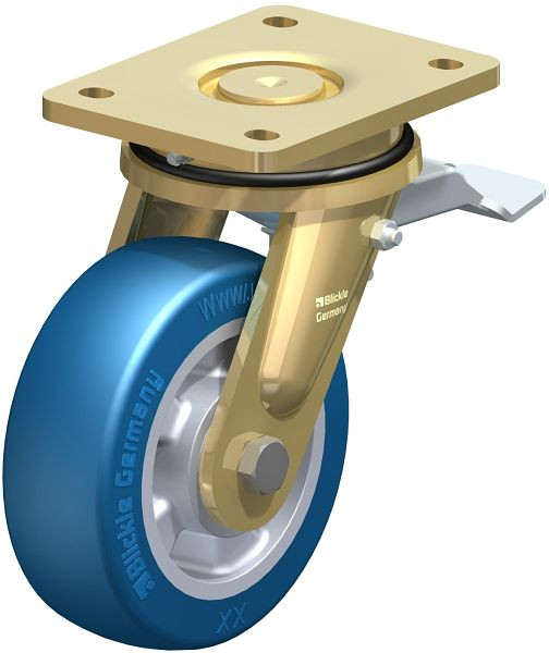 Blickle LS-ALBS 150K-ST Stahlgeschweißte Schwerlast-Lenkrolle, schwere Drehkranz-Ausführung mit Feststeller, Blickle Besthane® Soft, Blau, 755013