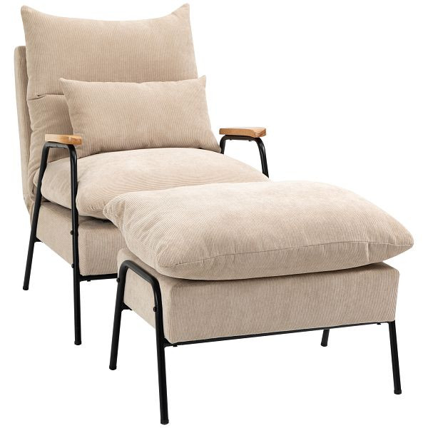 HOMCOM Sessel mit Ottomane Polstersessel Relaxsessel, inkl. Kissen, 68 cm x 91,5 cm x 88 cm, Beige, 839-505V00BG
