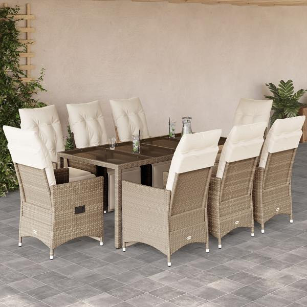 vidaXL 9-tlg. Garten-Bistro-Set mit Kissen Beige Poly Rattan, UV-beständig, 3276942