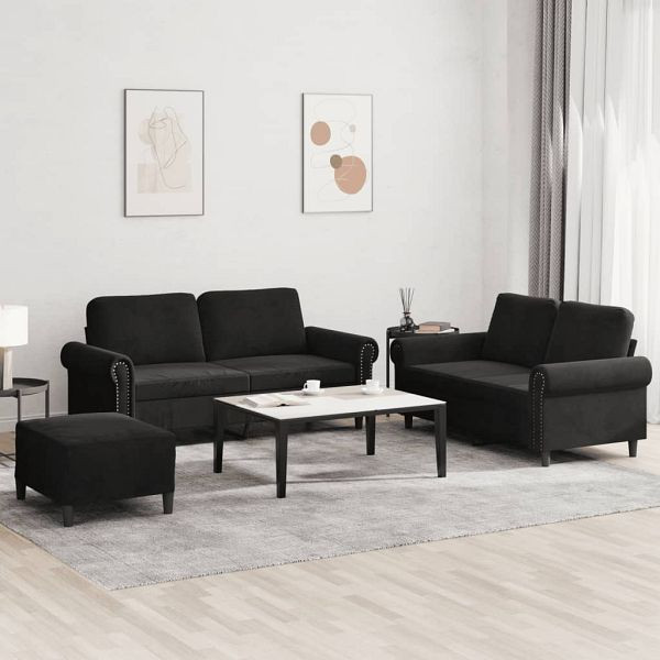 vidaXL 3-teilig Sofagarnitur mit Kissen Schwarz Samt, 3202225