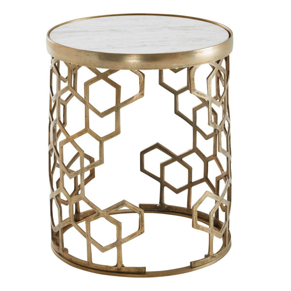 Wohnling Beistelltisch Echter Marmor Weiß 46 x 46 x 55 cm Anstelltisch Metall Gold, Kleiner Sofatisch Rund, Wohnzimmertisch Couch Modern, WL6.629