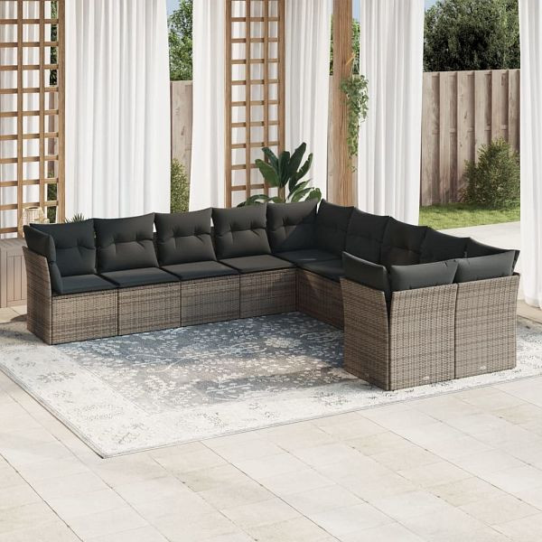 vidaXL 10-teilig Garten-Sofagarnitur mit Kissen Grau Poly Rattan, 3218240