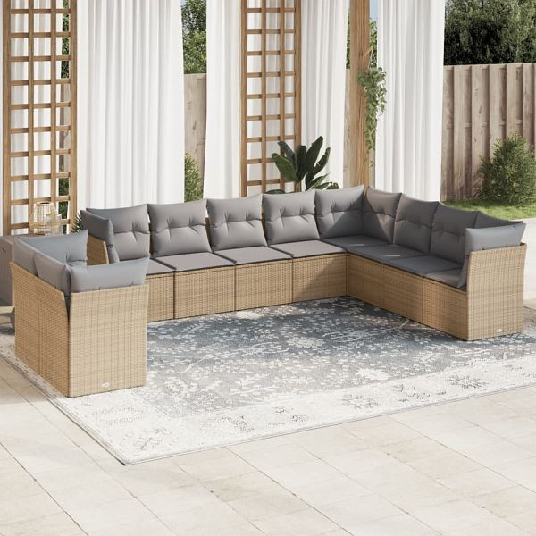 vidaXL 10-teilig Garten-Sofagarnitur mit Kissen Beige Poly Rattan, 3217859