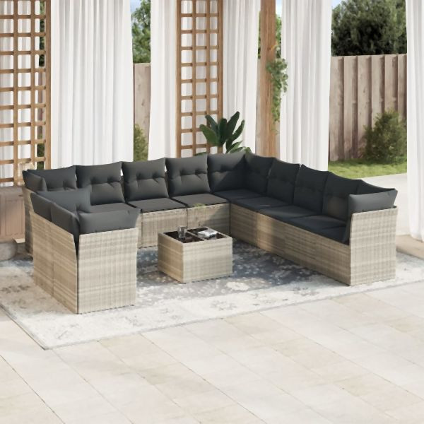 vidaXL 12-tlg. Garten-Sofagarnitur mit Kissen Hellgrau Poly Rattan, 3249731