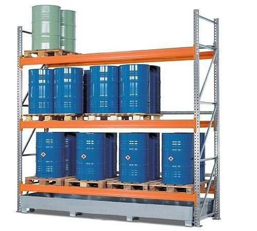 DENIOS Palettenregal PR 33.37 für 12 Euro- oder 6 Chemiepaletten, mit 3 Lagerebenen, Grundfeld, 199725