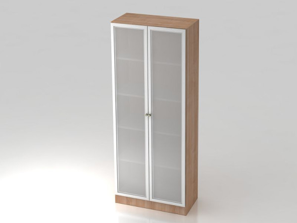 Hammerbacher Glastürenschrank 5OH, Sockelblende, Streifengriff Nussbaum/Silber, 80x42x200,4 cm (BxTxH), V6100G/N/S/SG